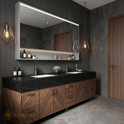 70''-96'' Double Bathroom Vanity with Sink Modern Floating Dark Stone Chevron Panels