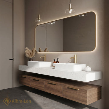 60''-96'' Double Bathroom Vanity with Sink Floating Textured Marble Top Design Smart