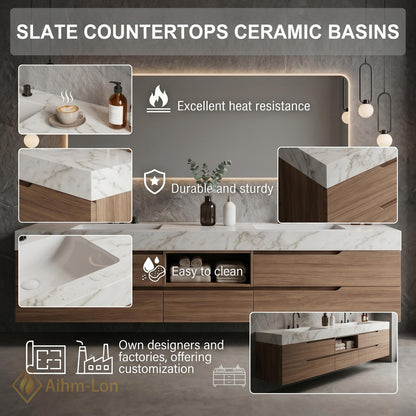 60''-96'' Double Bathroom Vanity with Sink Floating Stone-Top Open Storage Elegant