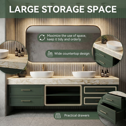 60''-96'' Modern Bathroom Vanity with Sink Double Sink Deep Green Marble Open Shelves