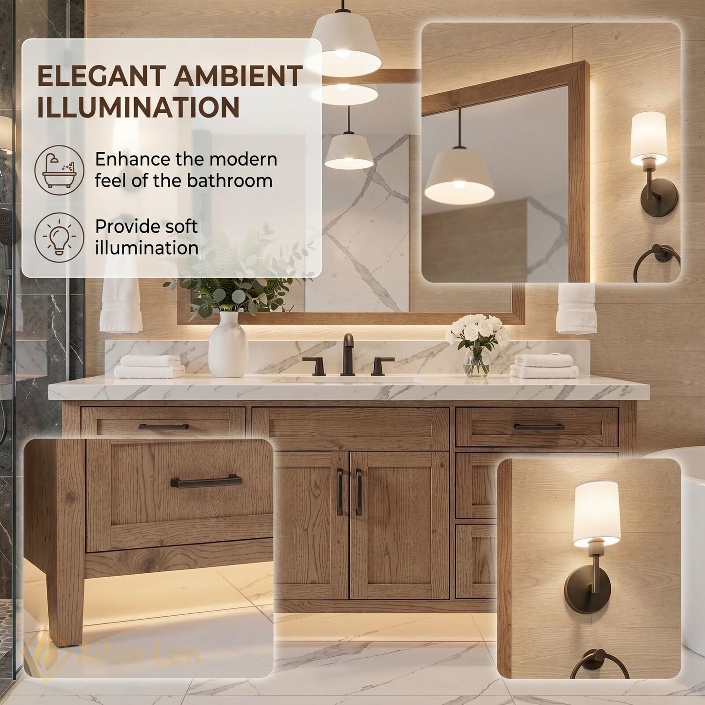 48''-64'' Modern Bathroom Vanity with Sink Marble Wood Grain Black Hardware Drawers
