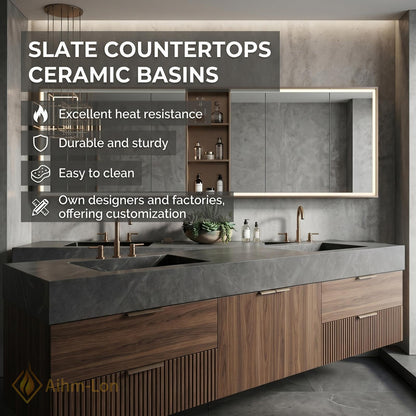 60''-96'' Double Bathroom Vanity with Sink Dark-Walnut Floating Basin Slatted-Panel