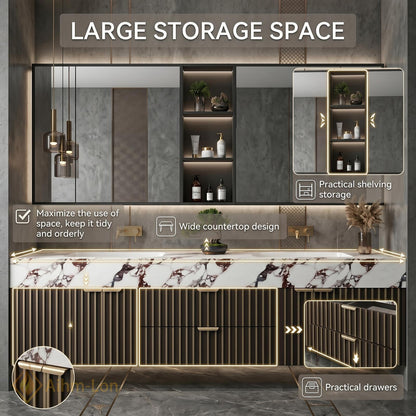 60''-96'' Double Bathroom Vanity with Sink Modern Floating Dark Walnut Slatted Center