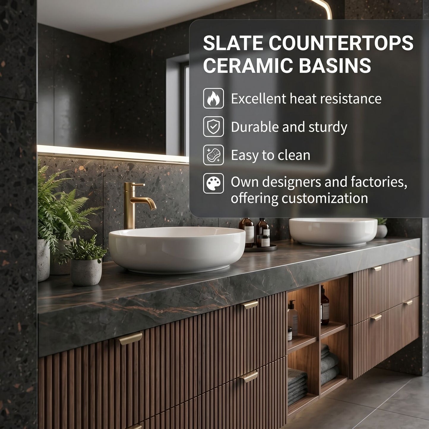60''-96'' Modern Bathroom Vanity with Sink Dark Stone-Textured Wooden Slatted Front Panels