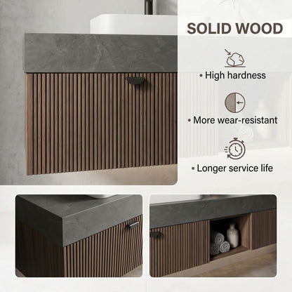60''-96'' Modern Bathroom Vanity with Sink Double Sink Dark Stone Slatted Wood Open Shelf