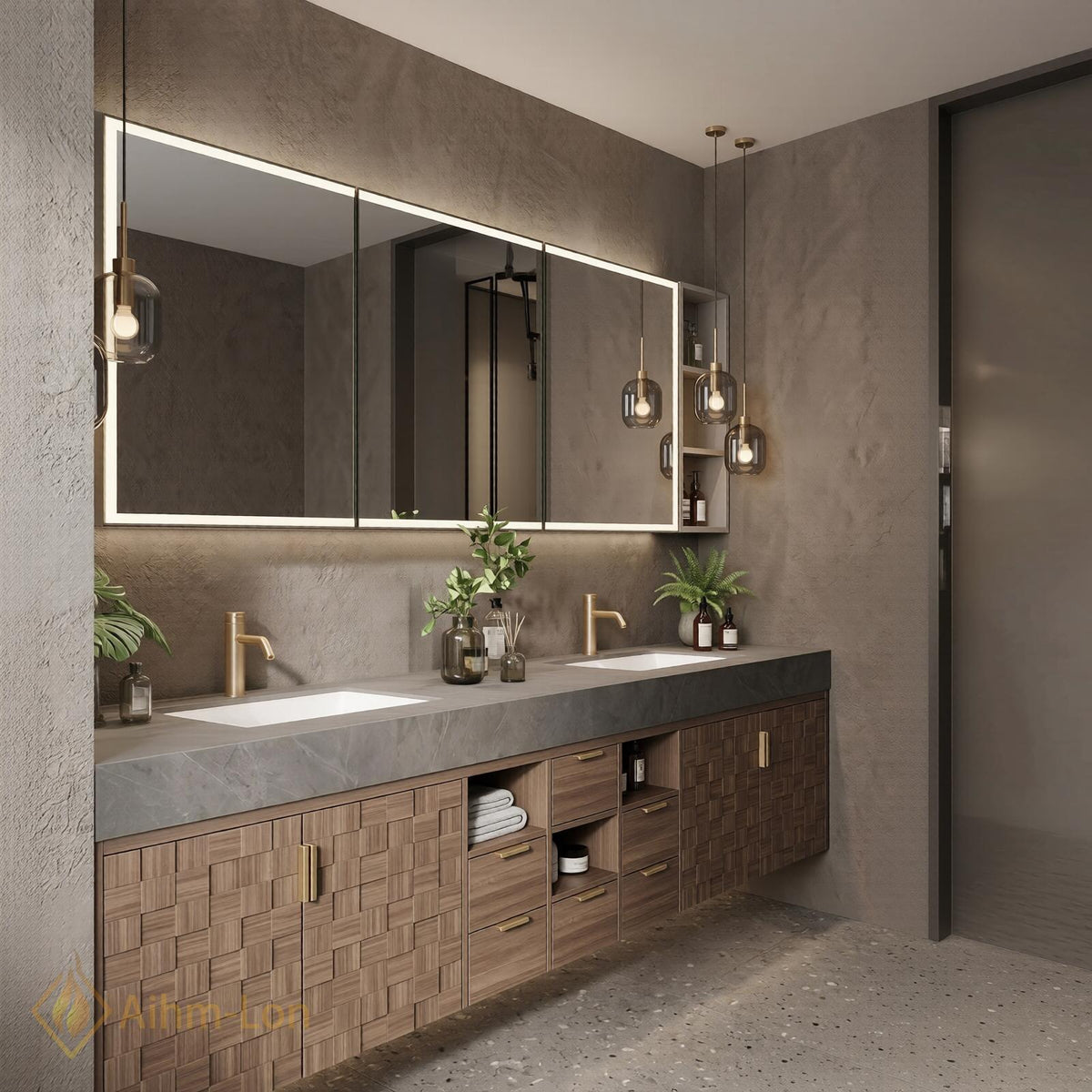60''-96'' Bathroom Vanity with Sink Modular Block Front Grey Stone Top Central