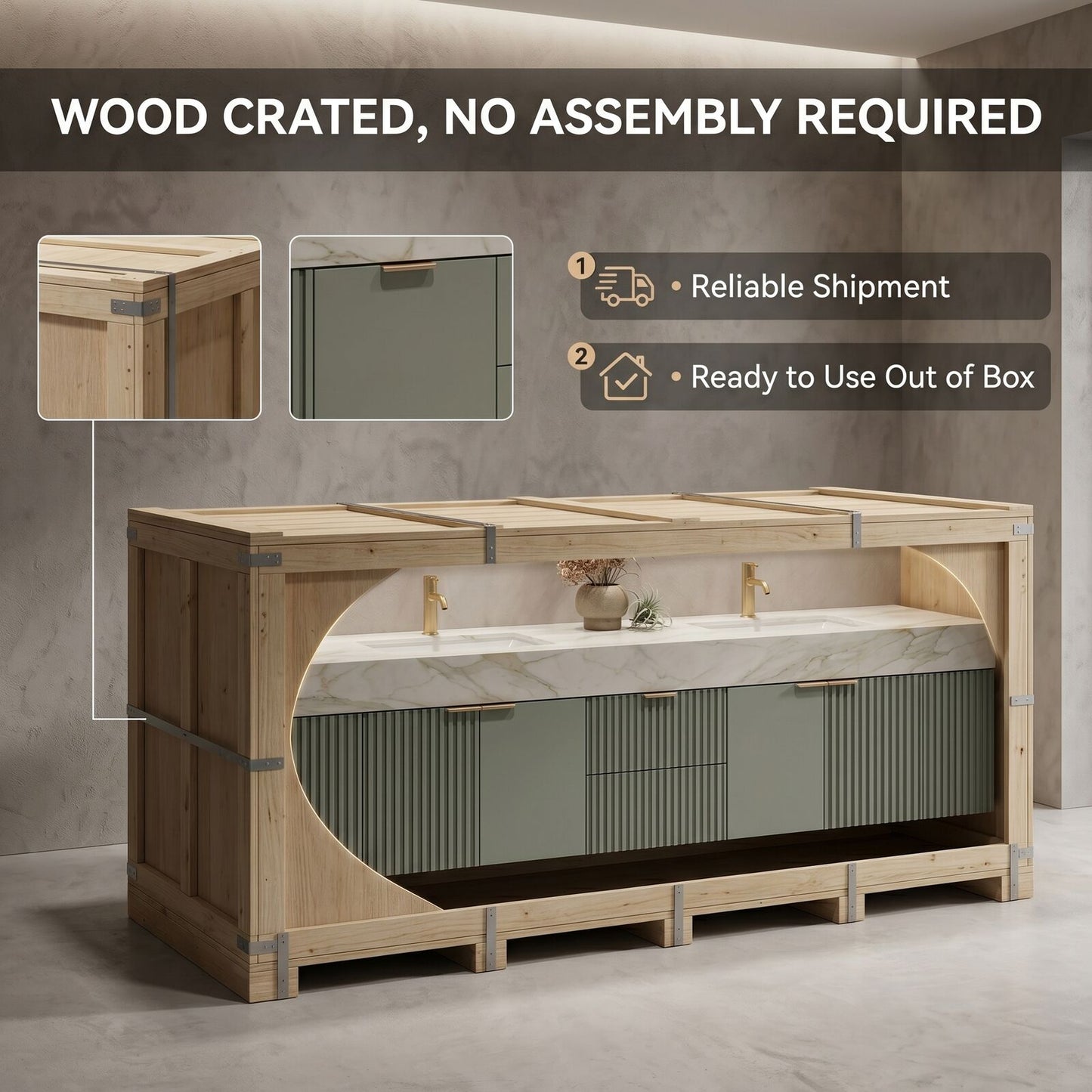 60''-96'' Modern Bathroom Vanity with Sink Double Sink Vertical Fluted Marble Pattern Cabinet