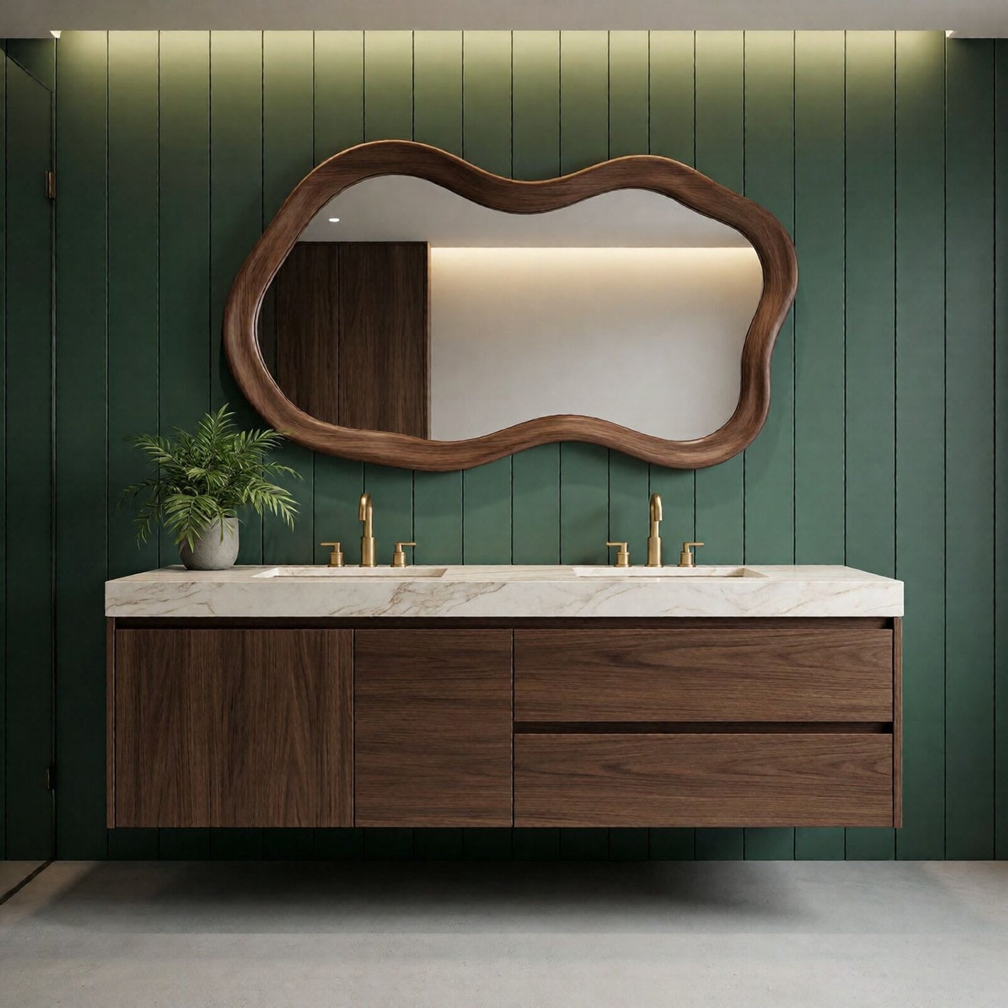 60“-96”Double Vanity Sink - Floating Walnut Cabinet with Wavy Mirror & Marble Top