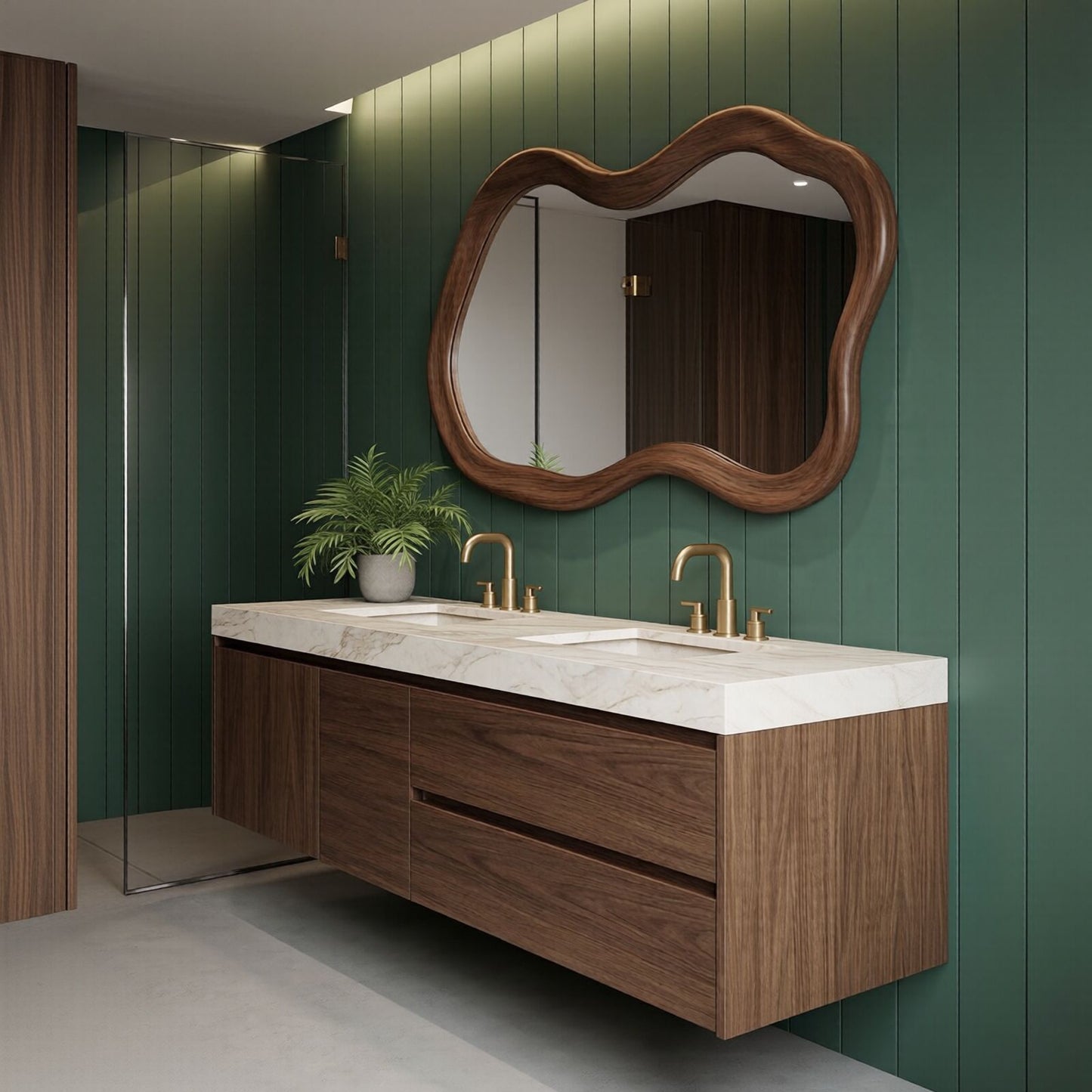 60“-96”Double Vanity Sink - Floating Walnut Cabinet with Wavy Mirror & Marble Top