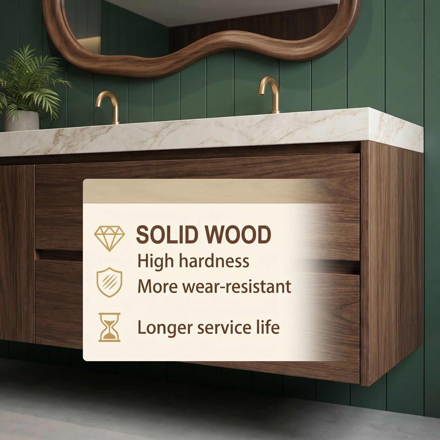 60“-96”Double Vanity Sink - Floating Walnut Cabinet with Wavy Mirror & Marble Top