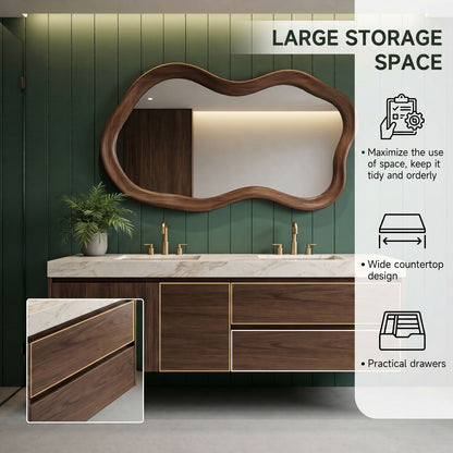 60“-96”Double Vanity Sink - Floating Walnut Cabinet with Wavy Mirror & Marble Top