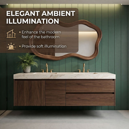 60“-96”Double Vanity Sink - Floating Walnut Cabinet with Wavy Mirror & Marble Top