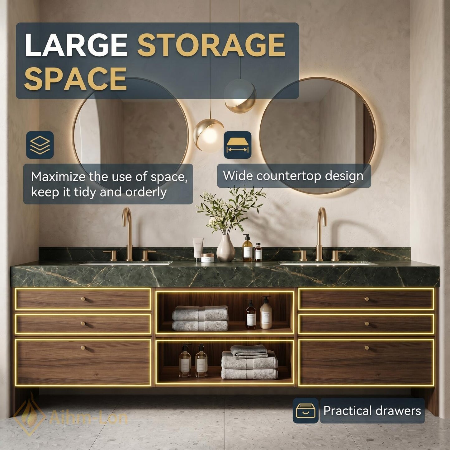 60''-96'' Double Bathroom Vanity with Sink Dark-Walnut Green Floating Open Stone