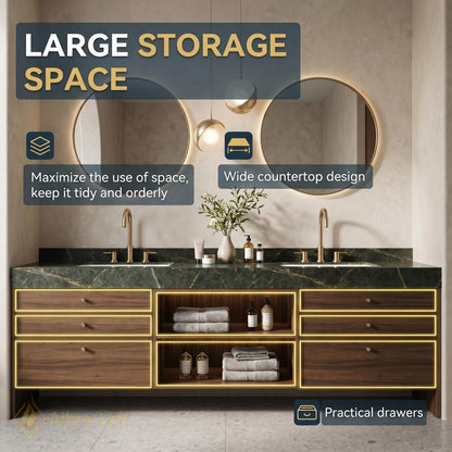 60''-96'' Double Bathroom Vanity with Sink Dark-Walnut Green Floating Open Stone