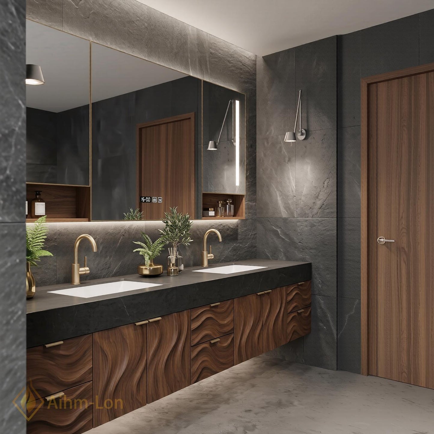 70''-96'' Bathroom Vanity with Sink Modern Floating Wavy Wood Grain Doors Dark