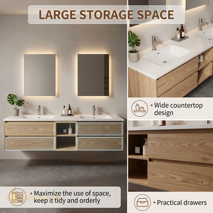 60''-96'' Sleek Bathroom Vanity with Sink Double Sink Wood Grain Central Open Shelf