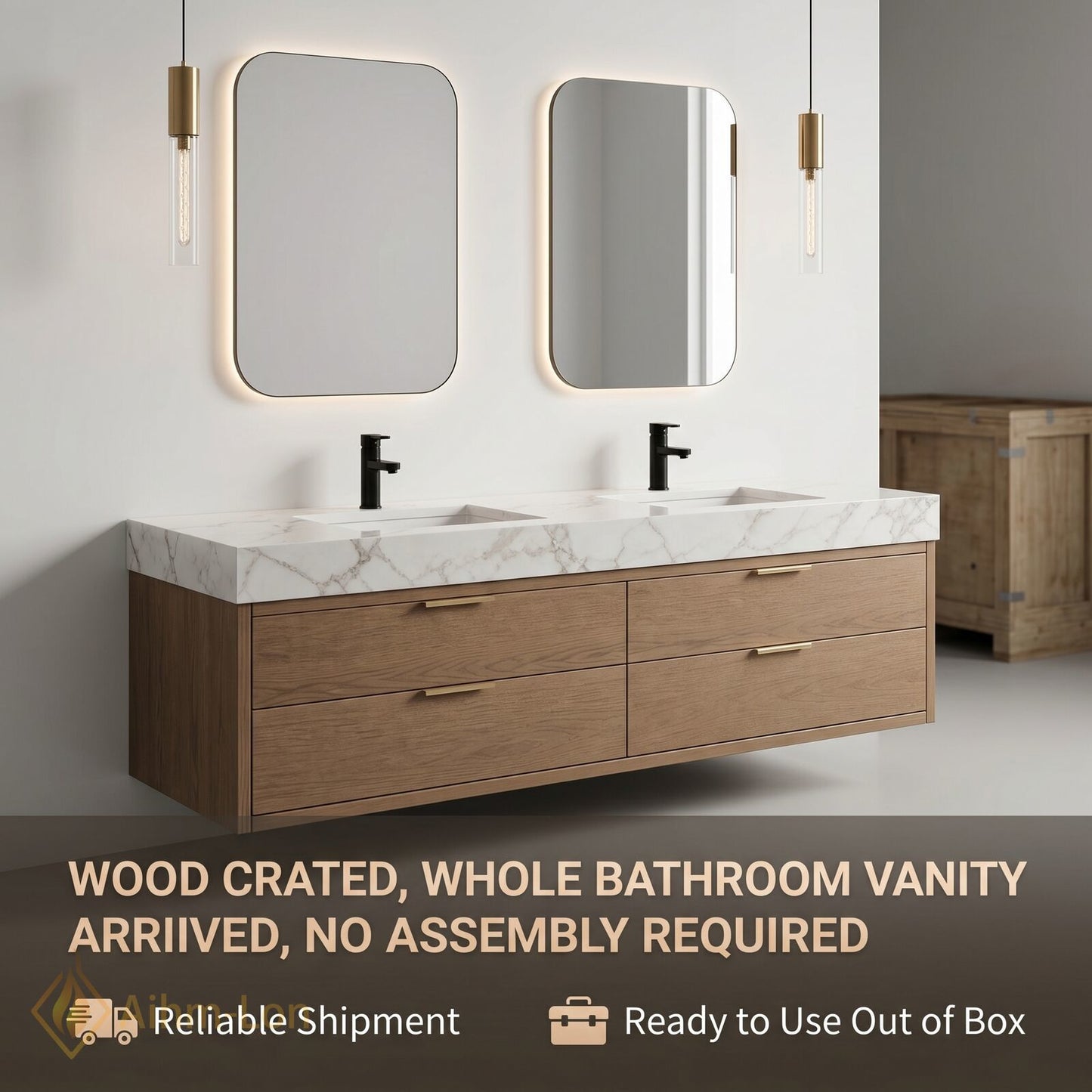 60''-96'' Double Bathroom Vanity with Sink Floating Rectangular Shape White Marble Top