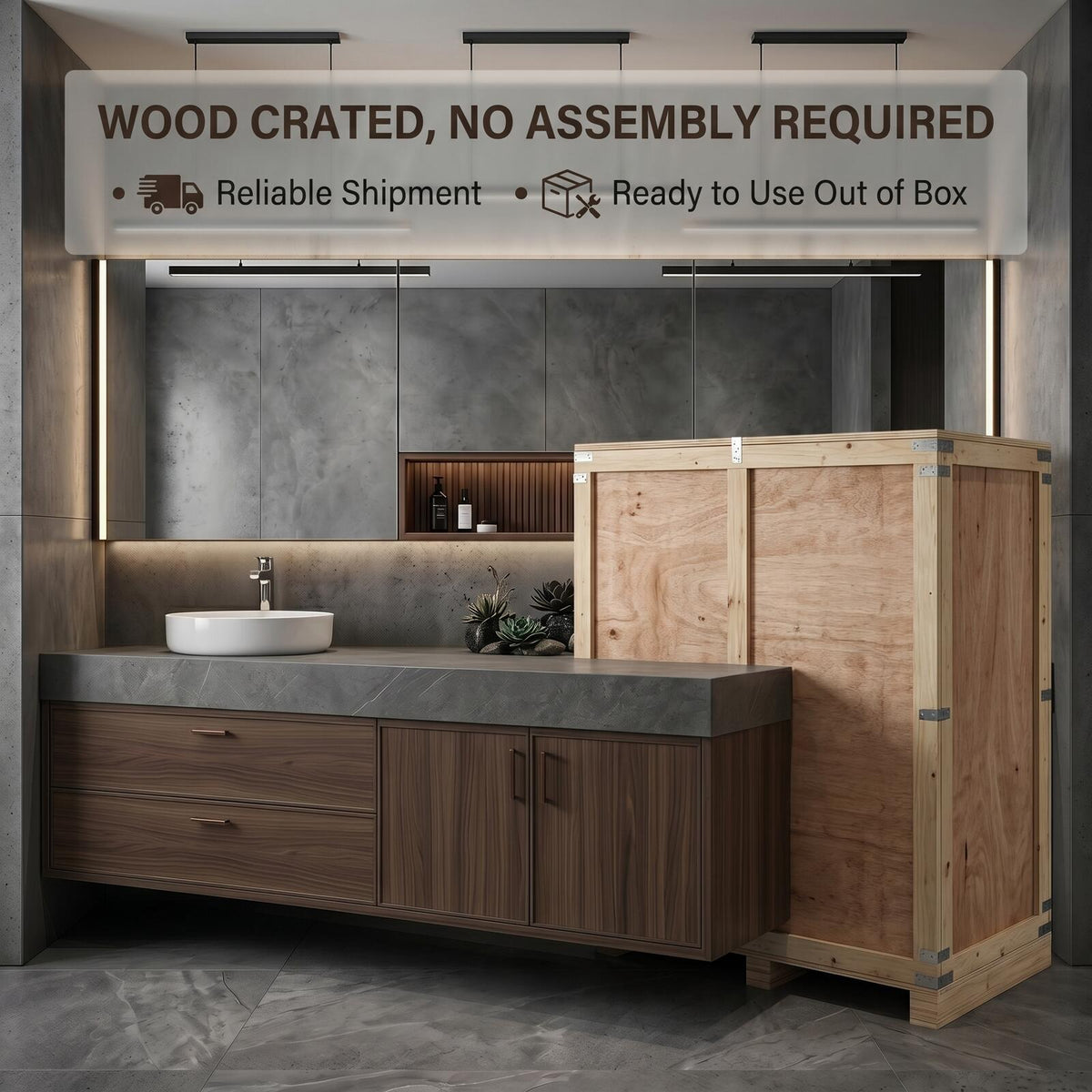60''-96'' Double Bathroom Vanity with Sink Modern Floating Dark Walnut Slatted Center Panel