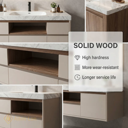 36''-64'' Modern Bathroom Vanity with Sink Marble Top Floating Drawers Central Shelf