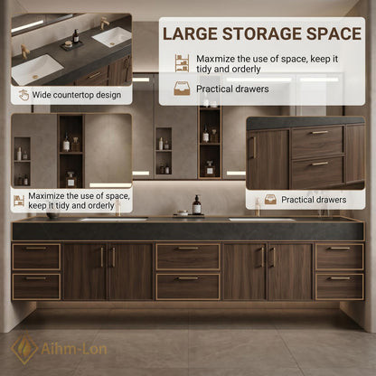 60''-96'' Double Bathroom Vanity with Sink Dark Stone Top Warm Wood-Grain Cabinetry