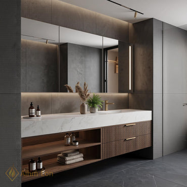 60''-96'' Modern Bathroom Vanity with Sink Slatted Dark Walnut Finish Open Shelving