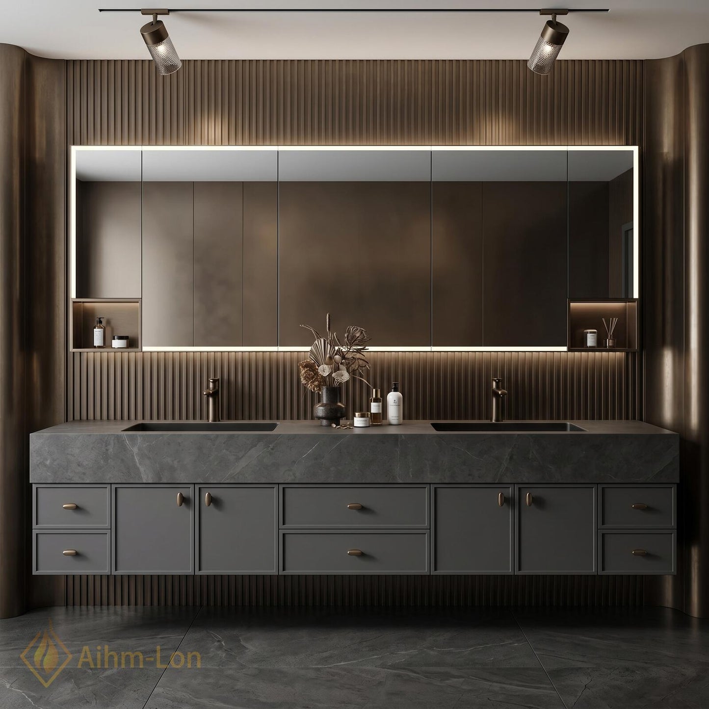 70''-96'' Double Bathroom Vanity with Sink Floating Dark Stone Wall-Mounted Mirror Cabinet