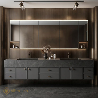 70''-96'' Double Bathroom Vanity with Sink Floating Dark Stone Wall-Mounted Mirror Cabinet