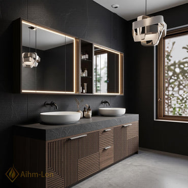 70''-96'' Modern Double Bathroom Vanity with Sink Dark Walnut Slatted Center Shelving