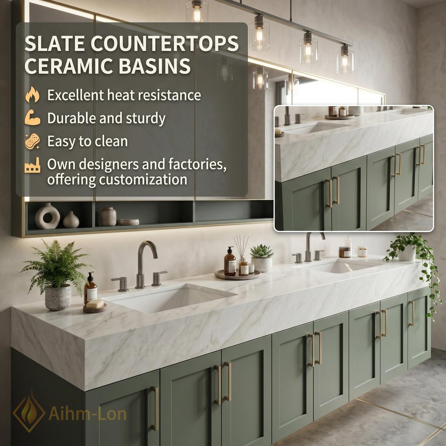 78''-96'' Double Bathroom Vanity with Sink Sage Green Modern Floating Panels Marble