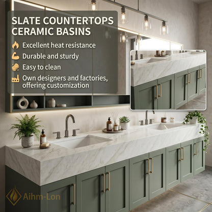 78''-96'' Double Bathroom Vanity with Sink Sage Green Modern Floating Panels Marble