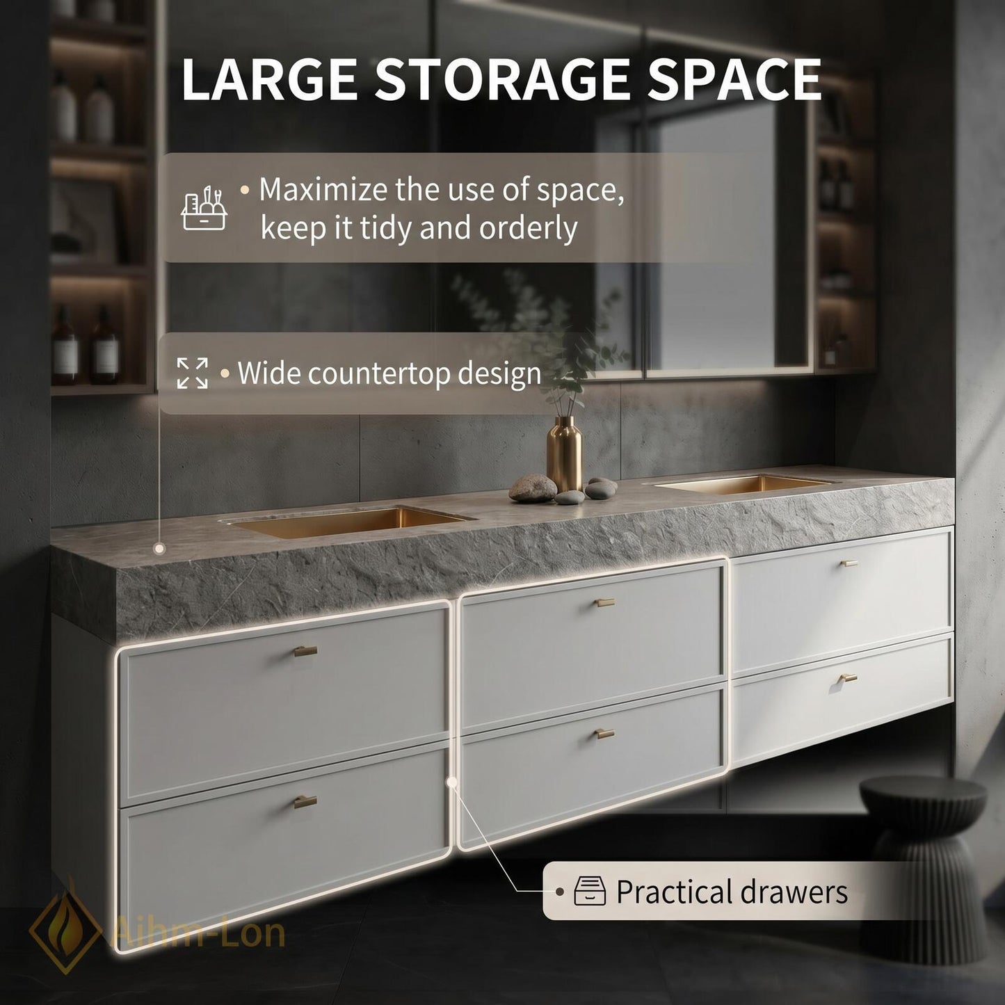 60''-96'' Double Bathroom Vanity with Sink Dark White Modern Floating Stone-Top
