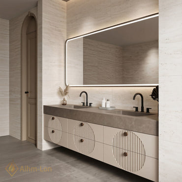 76''-96'' Double Bathroom Vanity with Sink Modern Stone-Top Three Grooved Panels LED