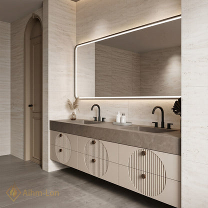 76''-96'' Double Bathroom Vanity with Sink Modern Stone-Top Three Grooved Panels LED