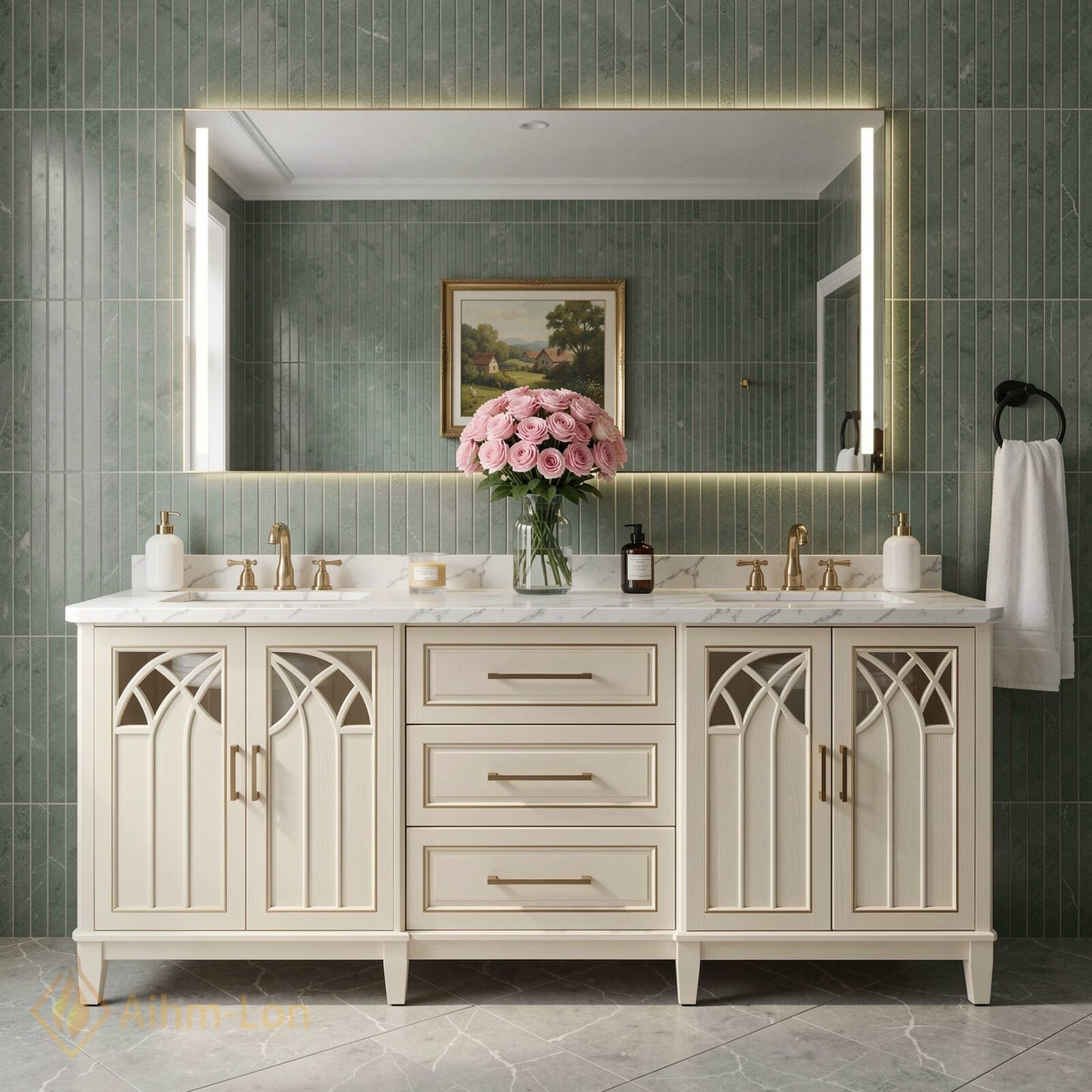 60''-96'' Classic Bathroom Vanity with Sink Arch Lattice Cream Glass Illuminated Mirror