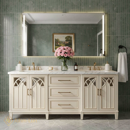 60''-96'' Classic Bathroom Vanity with Sink Arch Lattice Cream Glass Illuminated Mirror