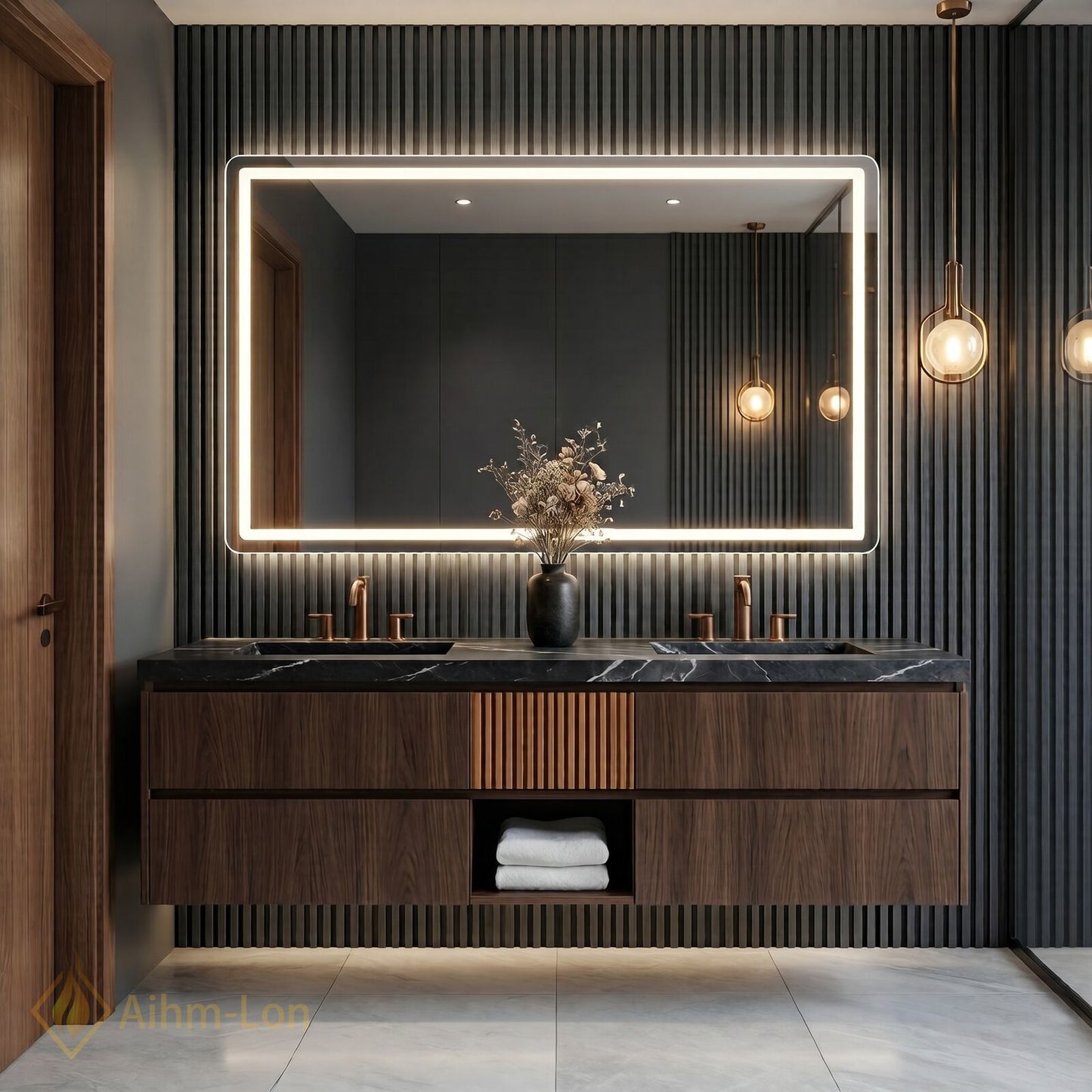 60''-96'' Modern Bathroom Vanity with Sink Double Sink Dark Wood Grain Finish Cabinet