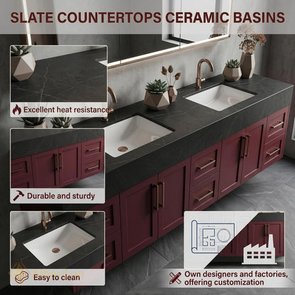 72''-96'' Double Bathroom Vanity with Sink Black Modern Floating Stone-Top Open