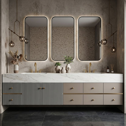 78''-96'' Double Bathroom Vanity with Sink Ribbed Panels White Marble Glass Mirror Cabinet