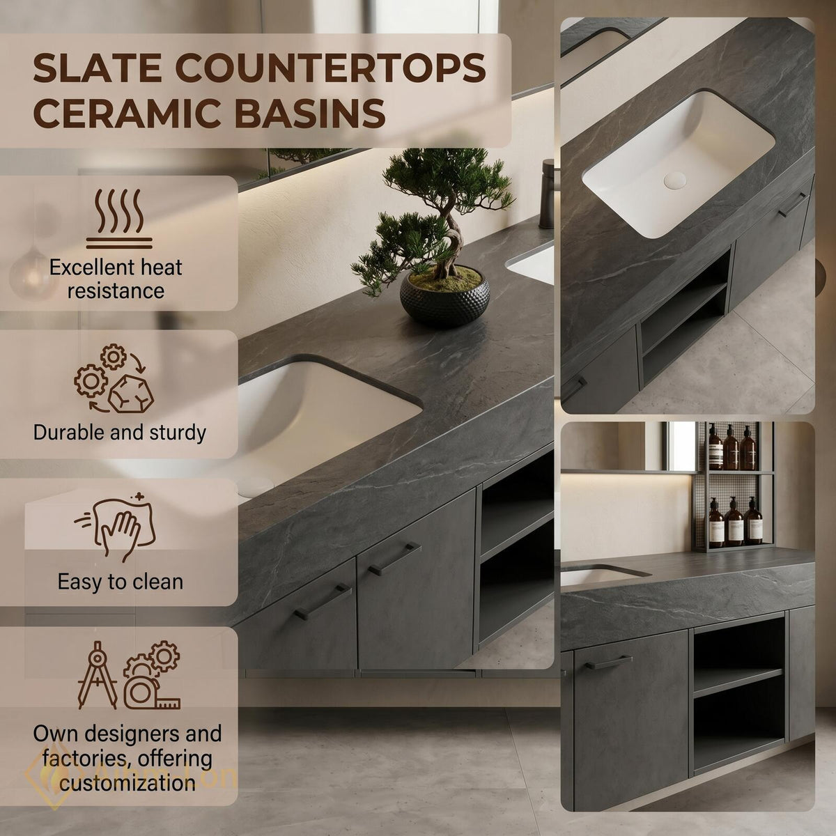 60''-96'' Double Bathroom Vanity with Sink Modern Floating Grey Stone Finish Open