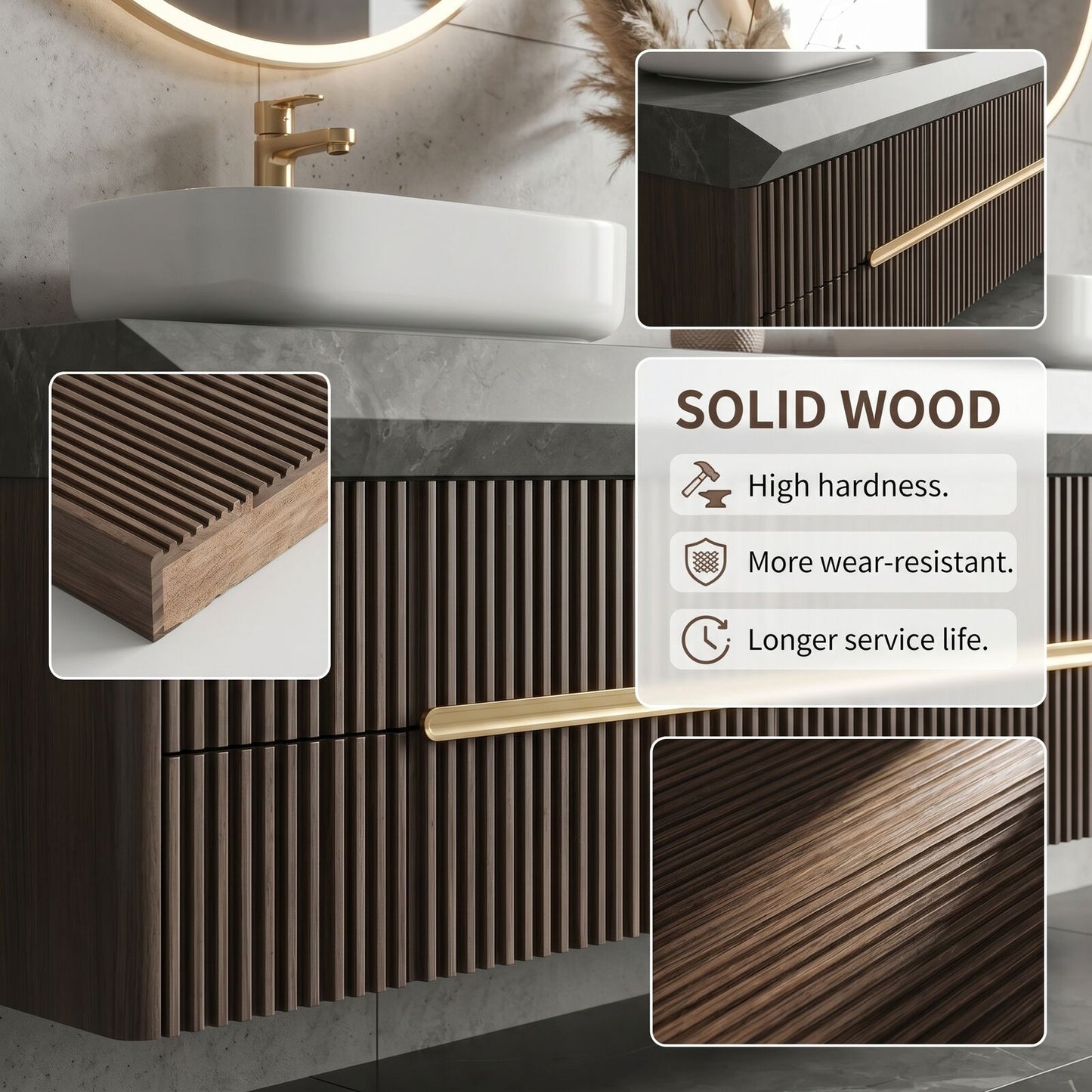 60''-96'' Double Bathroom Vanity with Sink Dark Concrete Slatted Wood Drawers Cabinet