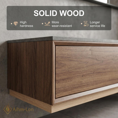 60''-96'' Double Bathroom Vanity with Sink Modern Floating Dark Wood Open Shelving