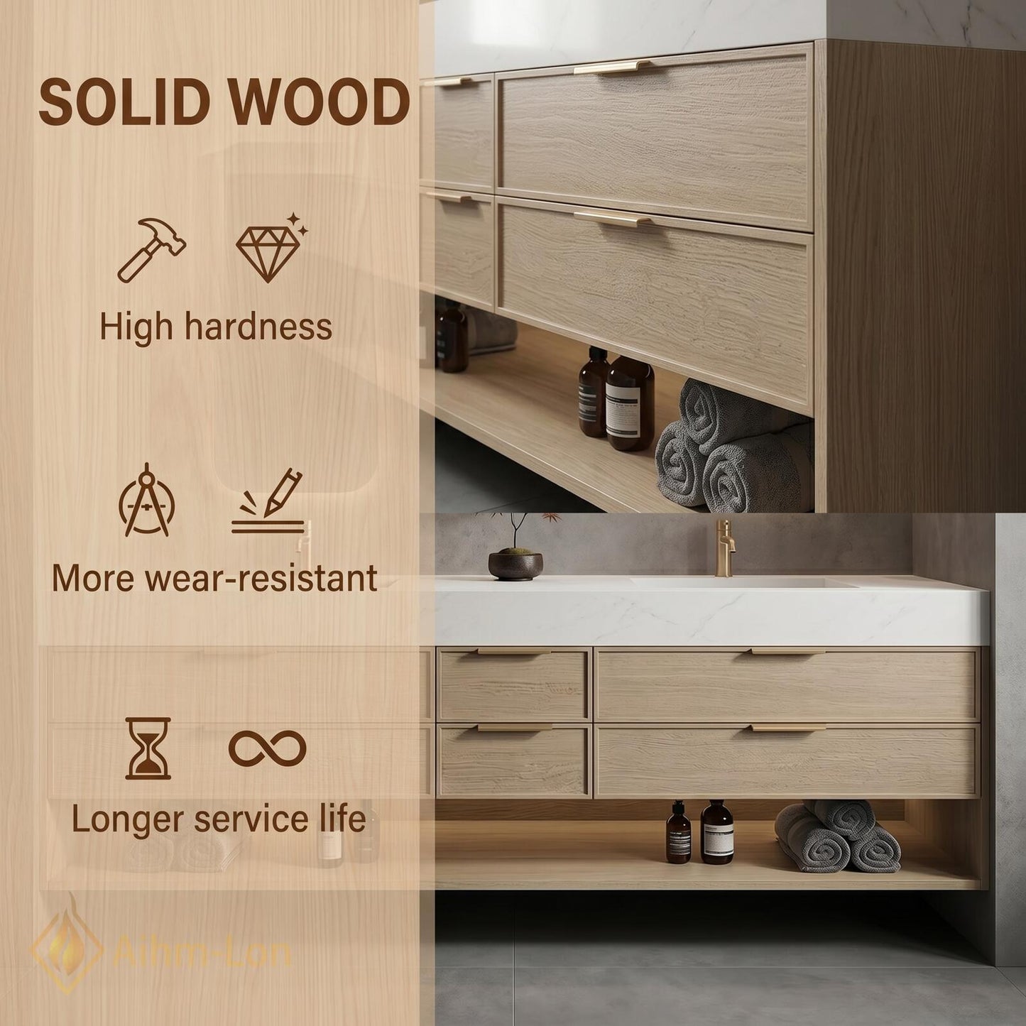 70''-96'' Double Bathroom Vanity with Sink Light-Wood Drawers Open Shelving