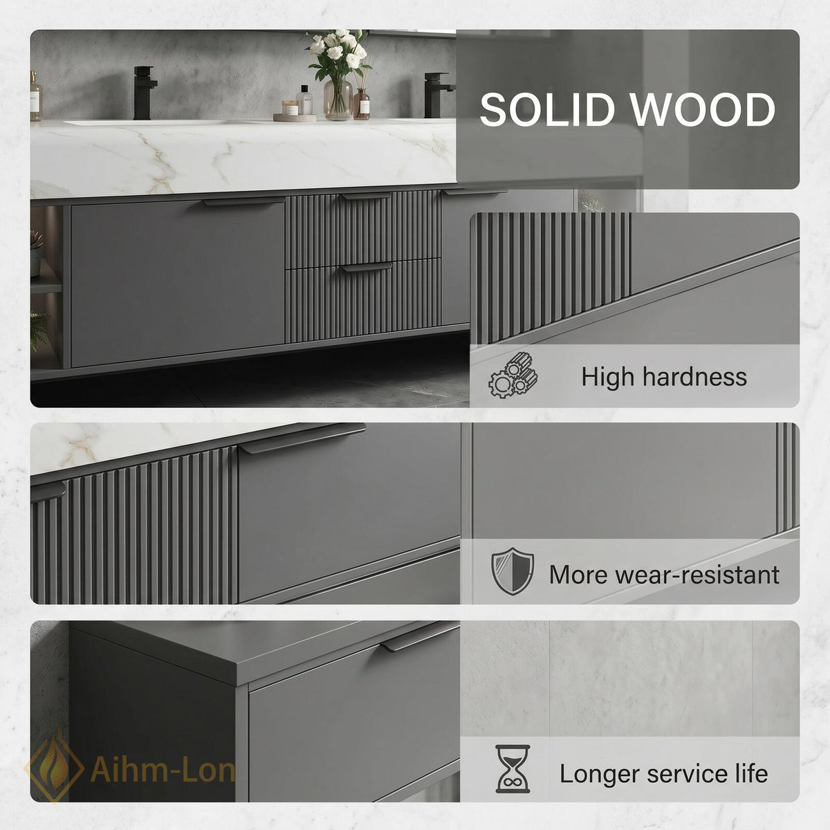 60''-96'' Double Bathroom Vanity with Sink Modern Dark Grey Marble Ribbed Drawers