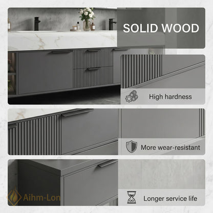 60''-96'' Double Bathroom Vanity with Sink Modern Dark Grey Marble Ribbed Drawers