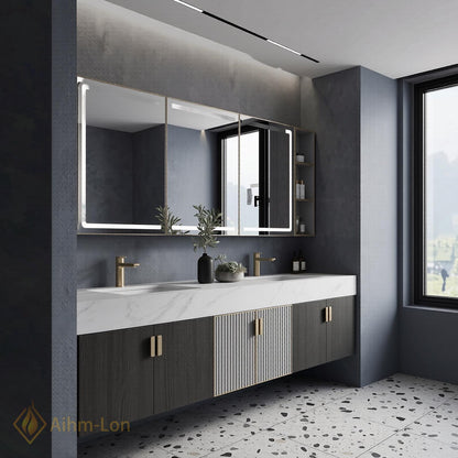 60''-96'' Double Bathroom Vanity with Sink Floating Marble-Effect Top Fluted Center Panels