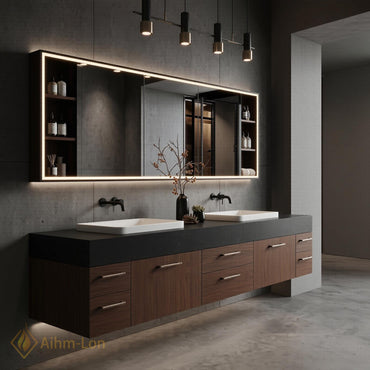 60''-96'' Double Bathroom Vanity with Sink Floating Dark Stone Countertop Wood Grain