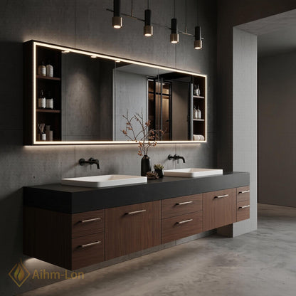 60''-96'' Double Bathroom Vanity with Sink Floating Dark Stone Countertop Wood Grain