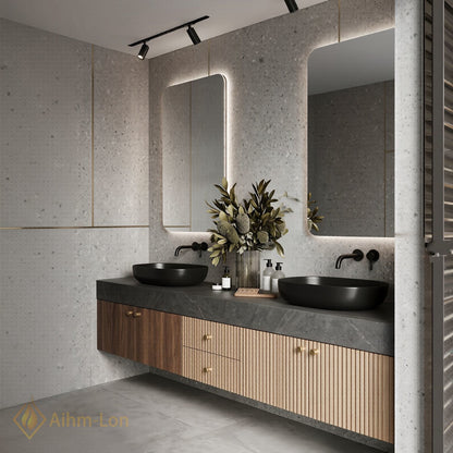 60''-96'' Double Bathroom Vanity with Sink Dark Stone Top Warm Wood Cabinet
