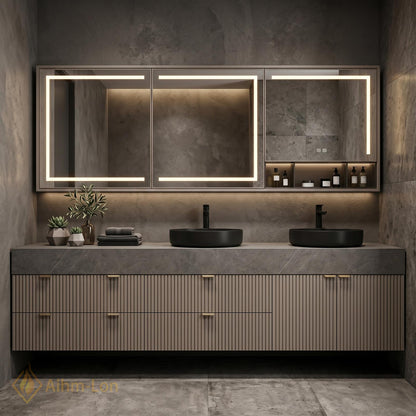 70''-96'' Double Bathroom Vanity with Sink Modern Floating Grey Stone-Effect Top Slatted