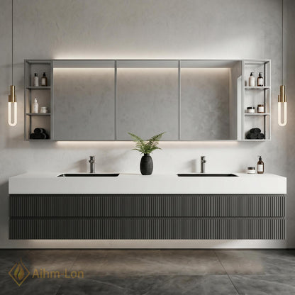 60''-96'' Double Bathroom Vanity with Sink Floating Double Charcoal Finish Slatted Front